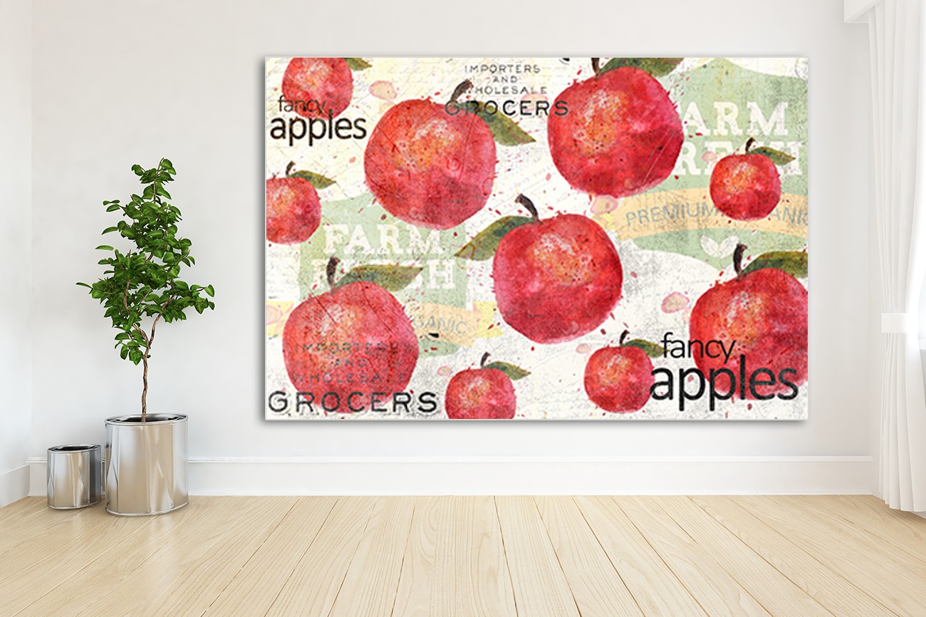 Schilderij met verschillende grote rode appels en een groen met witte achtergrond van Kimberly Allen met als titel Fancy apple op textieldoek