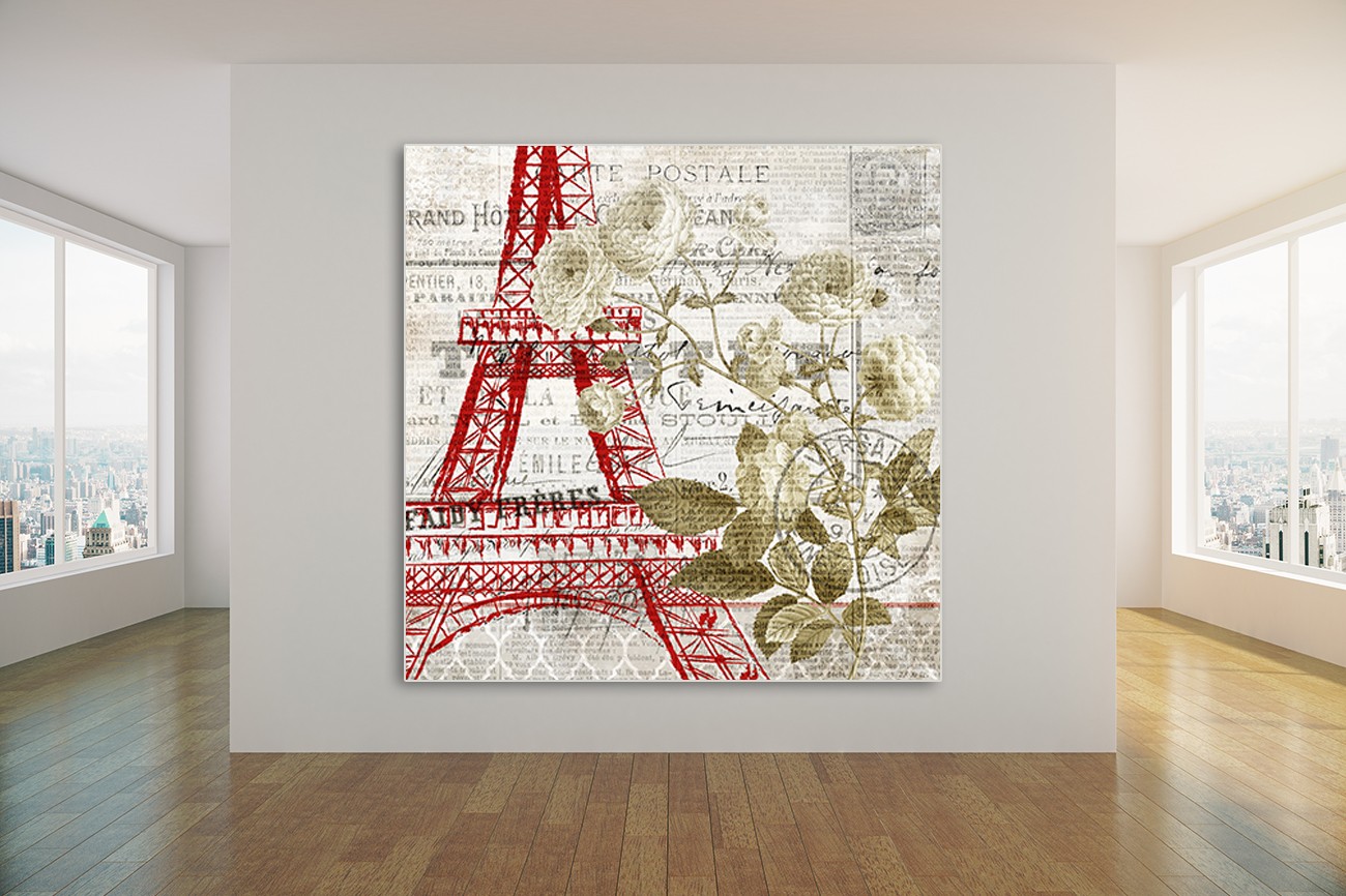 ​De eiffeltoren op de voorgrond in het rood met op de achtergrond tekst en een mooie bloem aan de zijkant van Kimberly Allen met als titel Paris script series 4 op textieldoek. 