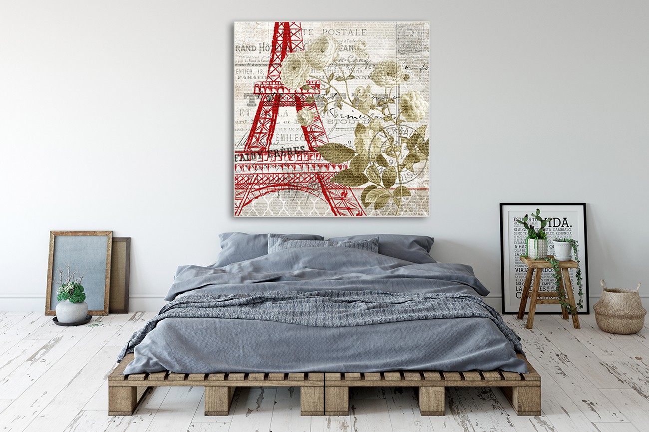 De eiffeltoren op de voorgrond in het rood met op de achtergrond tekst en een mooie bloem aan de zijkant van Kimberly Allen met als titel Paris script series 4 op textieldoek.