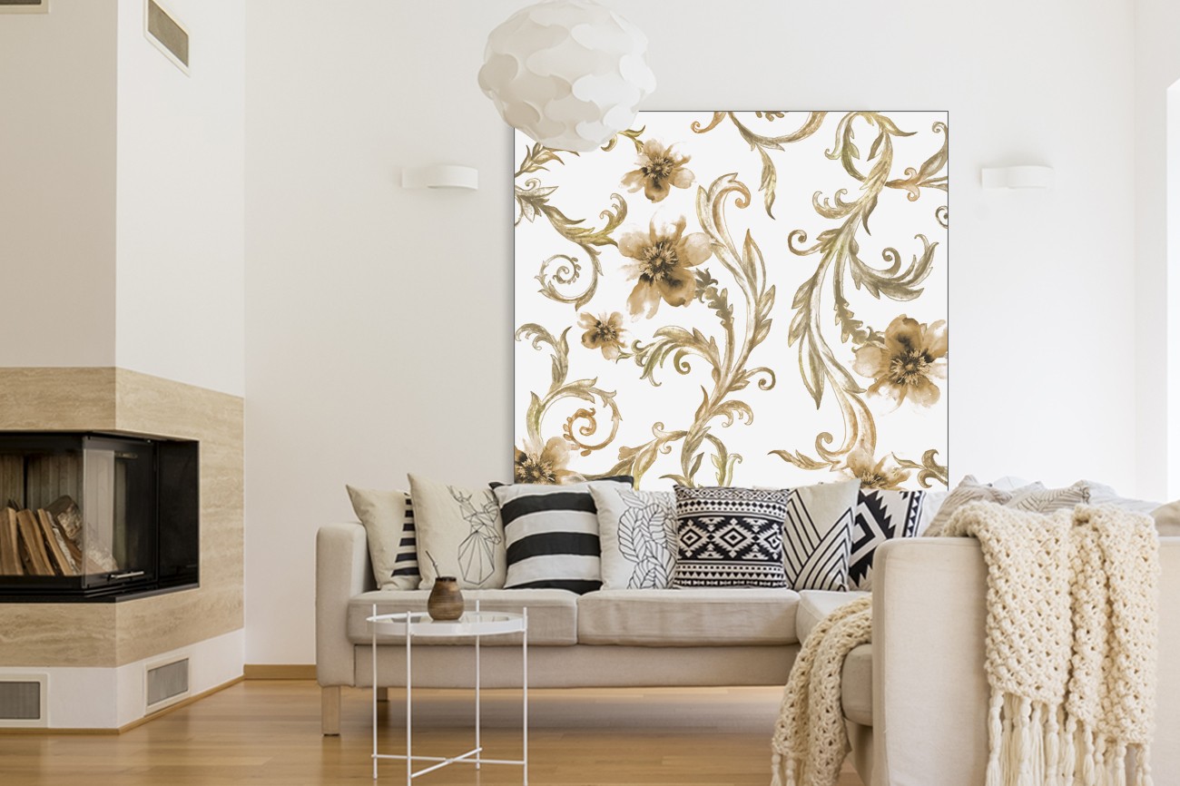 Licht schilderij met geel/goude bloemen met stengel op een witte achtergrond van Victoria Brown met als titel Flair II op textieldoek.