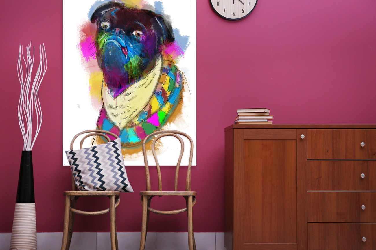 ​Zwarte hond met kleuren halsband van Sander van Laar met als titel Dog op textieldoek