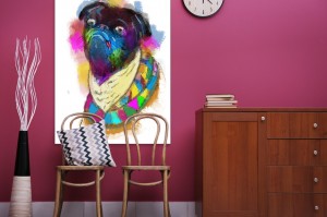 Zwarte hond met kleuren halsband van Sander van Laar met als titel Dog op textieldoek