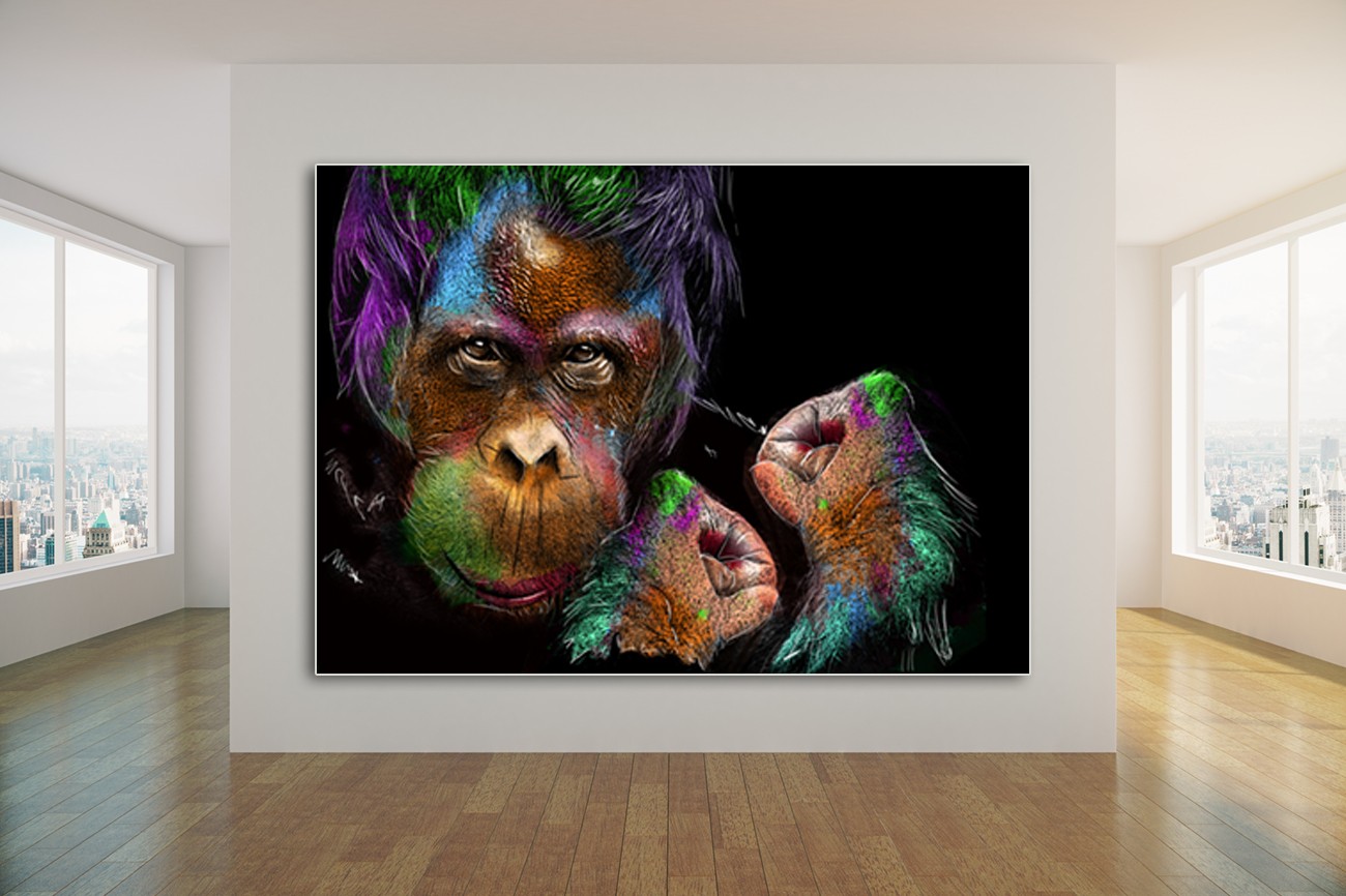 Grote aap met verschillende kleuren in zijn vacht op een zwarte achtergrond van Sander van Laar met als titel Monkey op textieldoek
