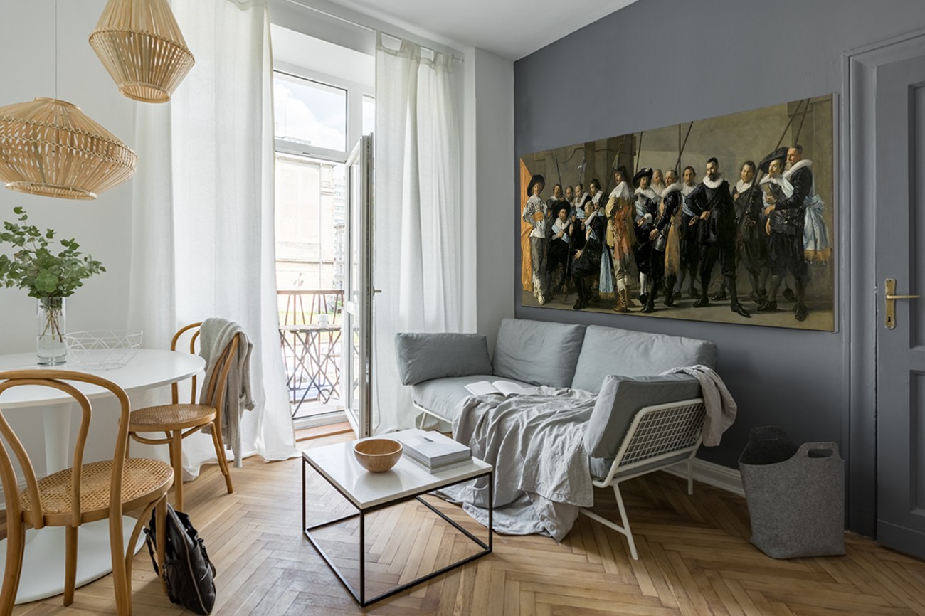 Textieldoek met de magere compagnie van Frans Hals met als titel The meagre company op textieldoek, verkrijgbaar in verschillende zeer grote formaten, inclusief textiel frame.