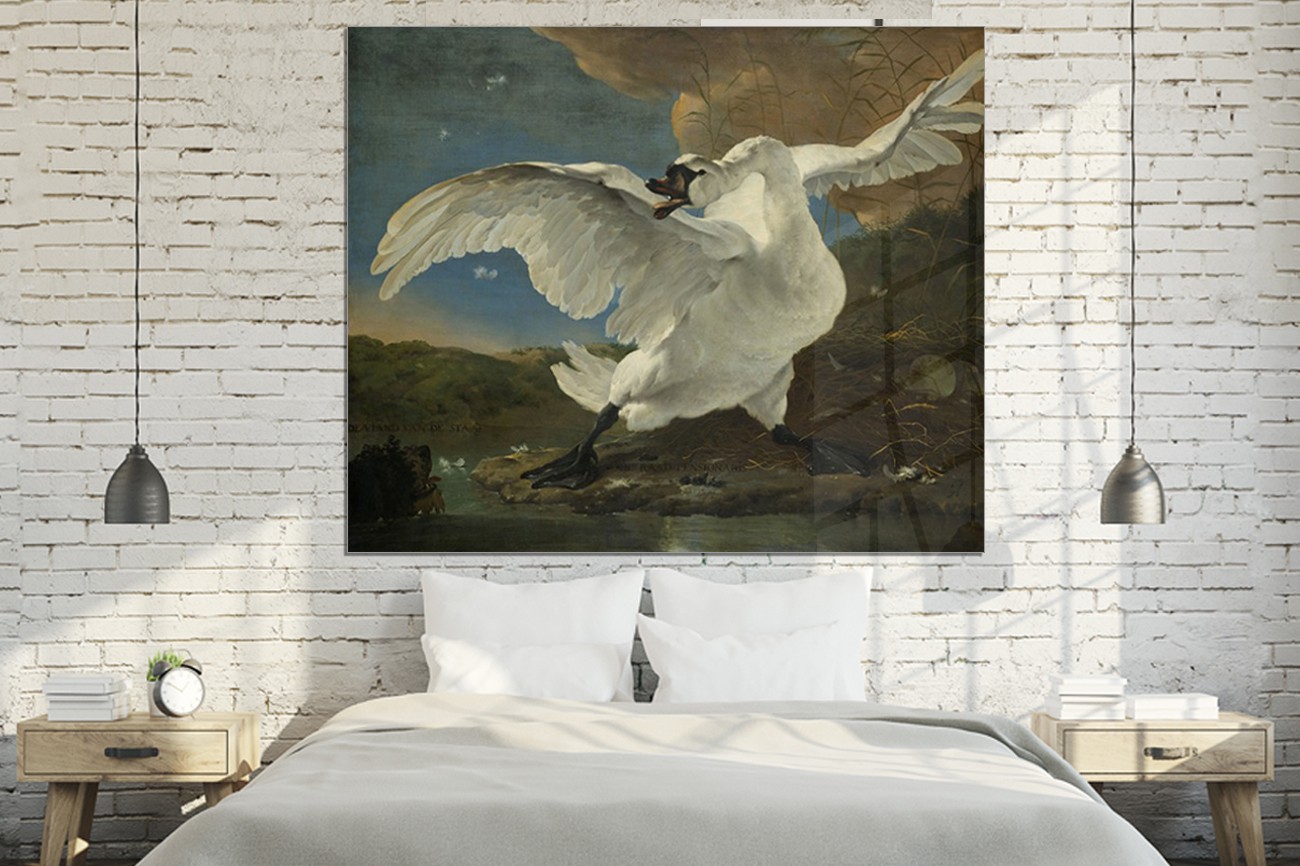 Grote zwaan op de voorgrond van Jan Asselijn met als titel De bedreigende zwaan op textieldoek, verkrijgbaar in verschillende zeer grote formaten, inclusief textiel frame.