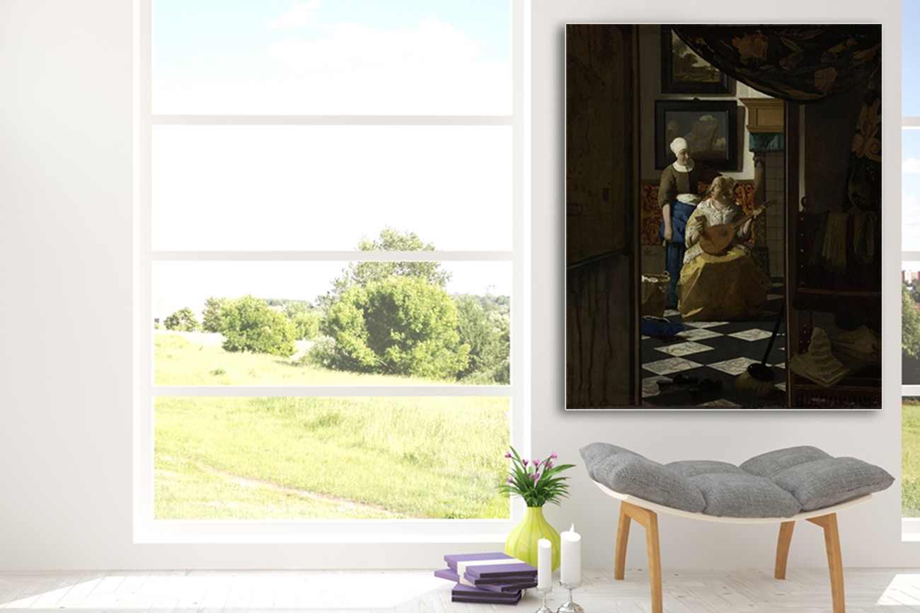 Donker schilderij van Johannes Vermeer met als titel De liefdesbrief op textieldoek. Verkrijgbaar in verschillende zeer grote formaten, inclusief textiel frame.