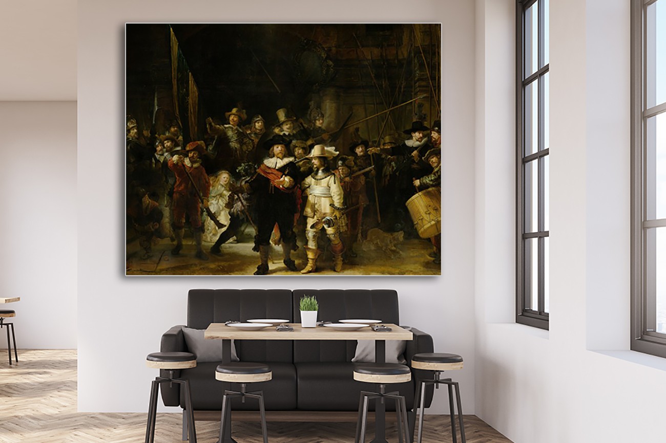 Super bekend schilderij van Rembrandt van Rijn met als titel De nachtwacht. Verkrijgbaar in zeer grote verschillende formaten, inclusief textiel frame.