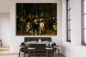 Super bekend schilderij van Rembrandt van Rijn met als titel De nachtwacht. Verkrijgbaar in zeer grote verschillende formaten, inclusief textiel frame.