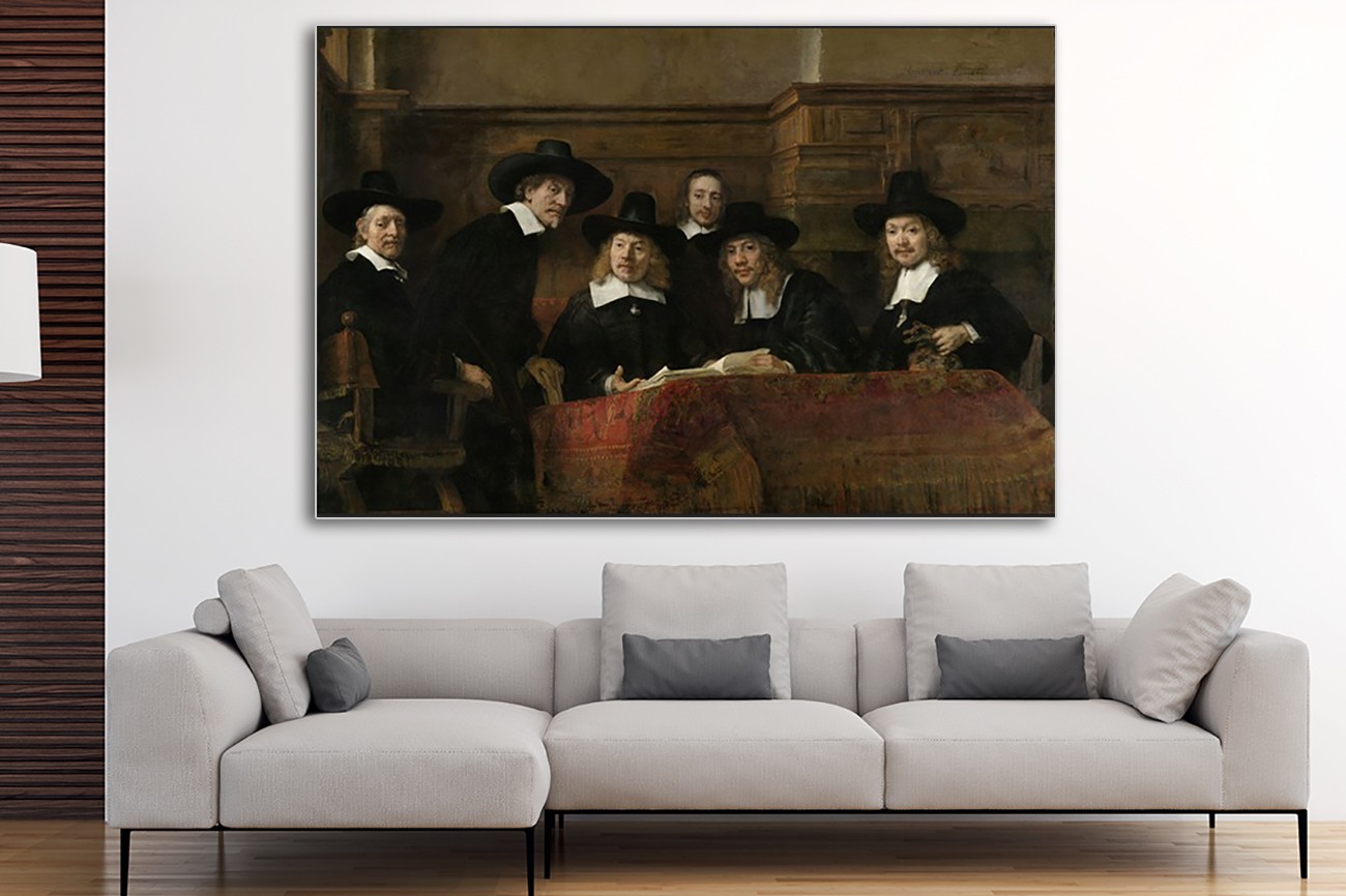 ​De staalmeesters op textieldoek van Rembrandt van Rijn. Verkrijgbaar in verschillende zeer grote formaten, inclusief textiel frame.