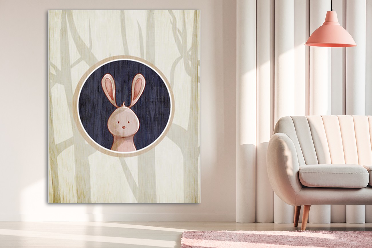 ​Leuk kinderplaatje met een konijn van Kimberly Allen met als titel Forest animals 4 op textieldoek. Verkrijgbaar in verschillende zeer grote formaten, inclusief textiel frame.