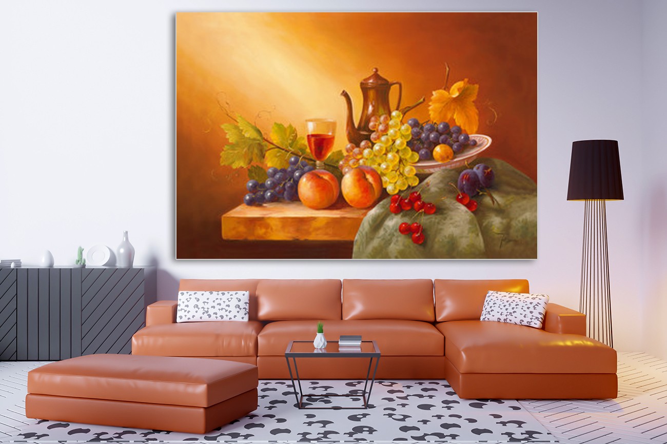  Mooi schilderij met verschillende fruitsoorten van Fasansi met als titel Still life with fruits I op textieldoek. Verkrijgbaar in verschillende zeer grote formaten, inclusief textiel frame.​