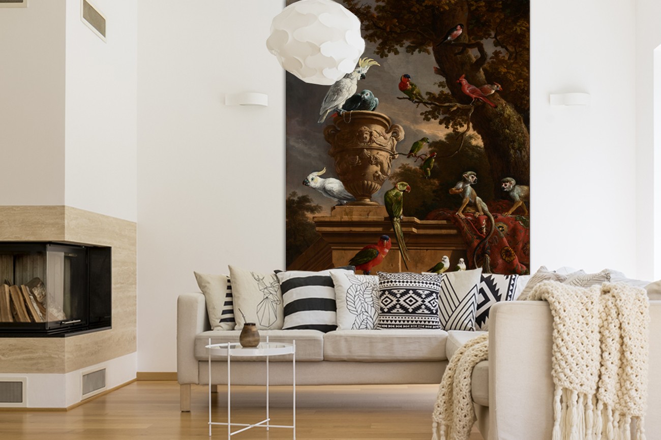 Klassiek schilderij met verschillende dieren met als titel De menagerie op textieldoek van Melchior d' Hondecoester. Verkrijgbaar in zeer grote verschillende formaten, inclusief textiel fram.