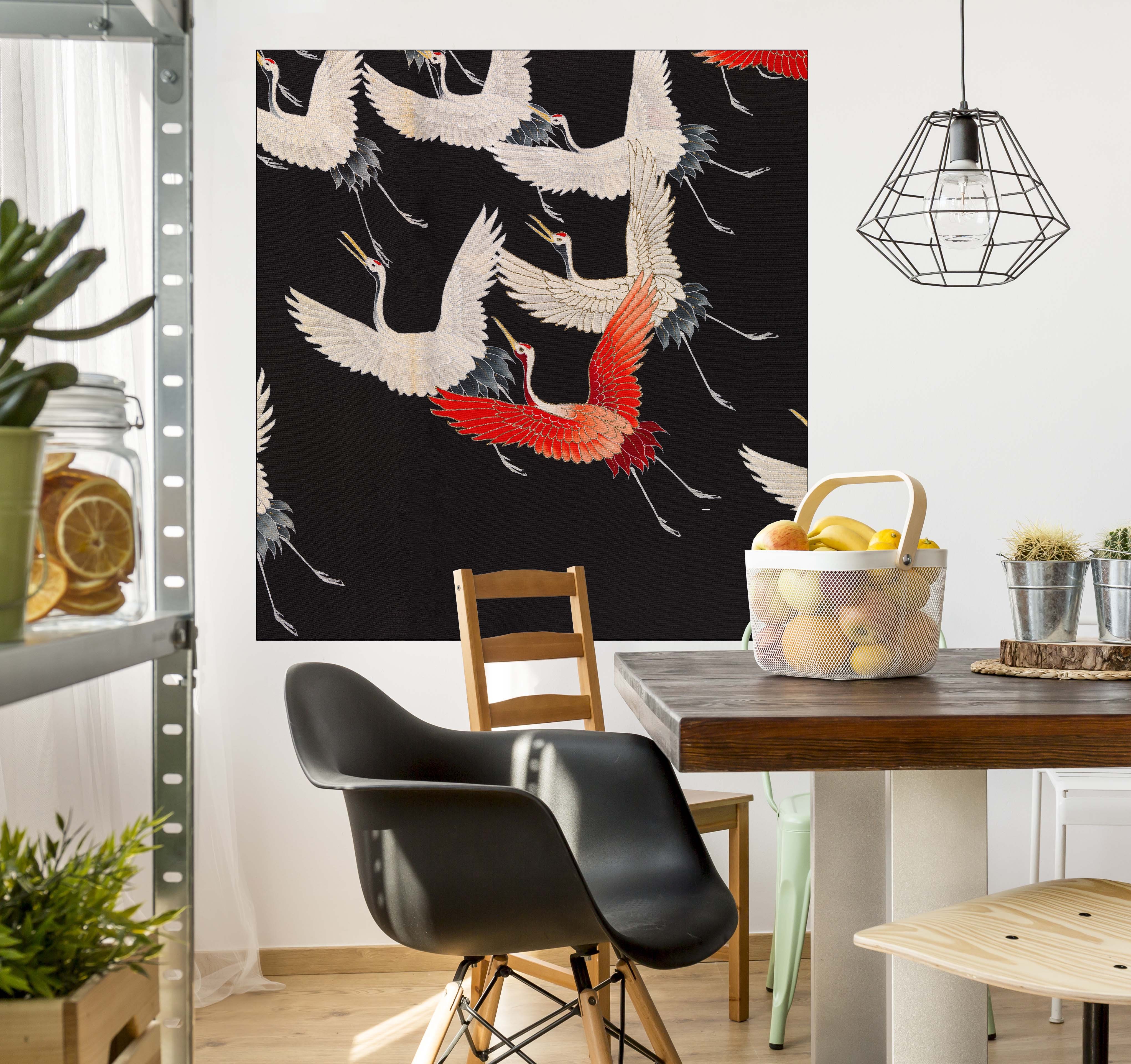 Print van een kimono met kraanvogels op textieldoek