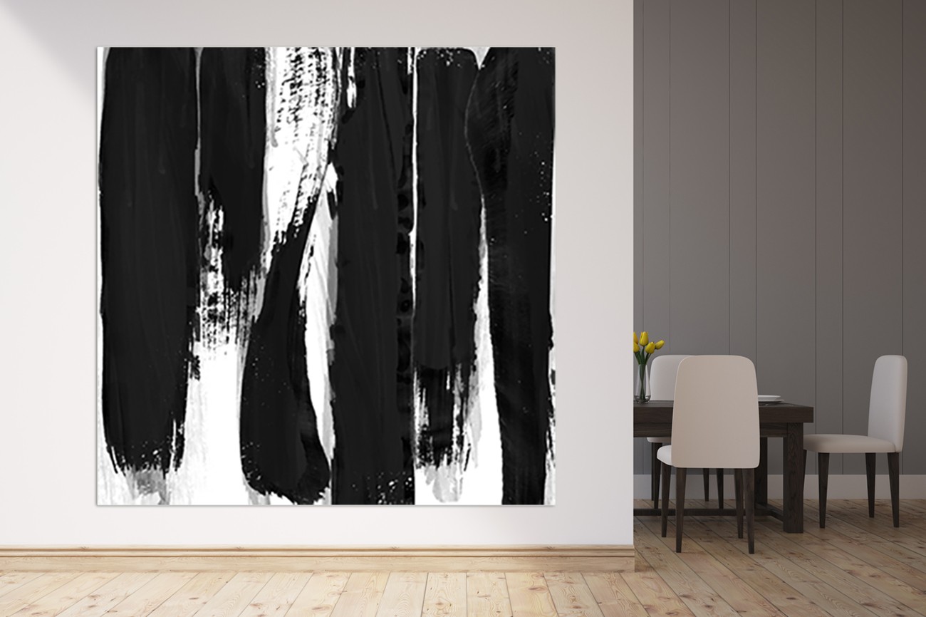 ​Mooi zwart wit kunstwerk van Cynthia Alvarez met als titel Darkness reigns I op textieldoek. 