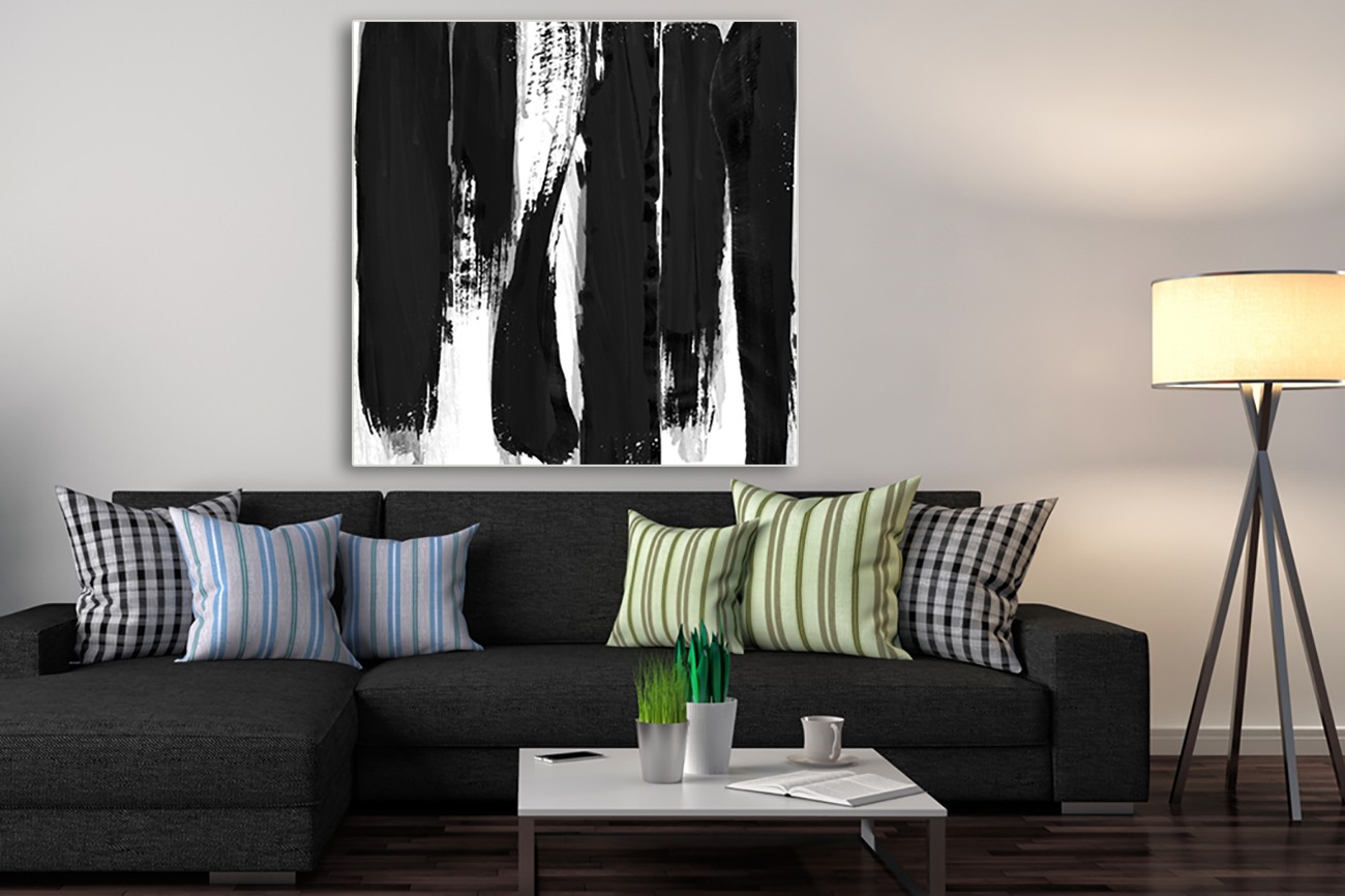 Mooi zwart wit kunstwerk van Cynthia Alvarez met als titel Darkness reigns I op textieldoek.