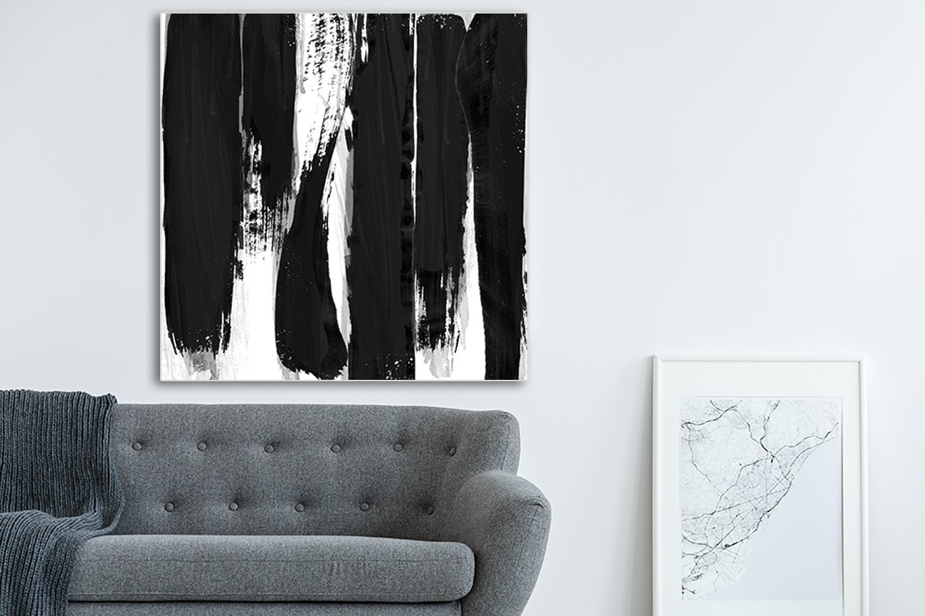 Mooi zwart wit kunstwerk van Cynthia Alvarez met als titel Darkness reigns I op textieldoek. 