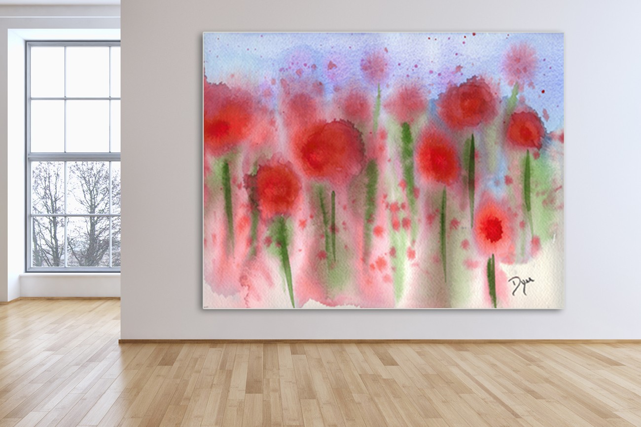 Indrukwekkend schilderij met wazige rode bloemen van Beverly Dyer met als titel Wildflower in red op textieldoek.