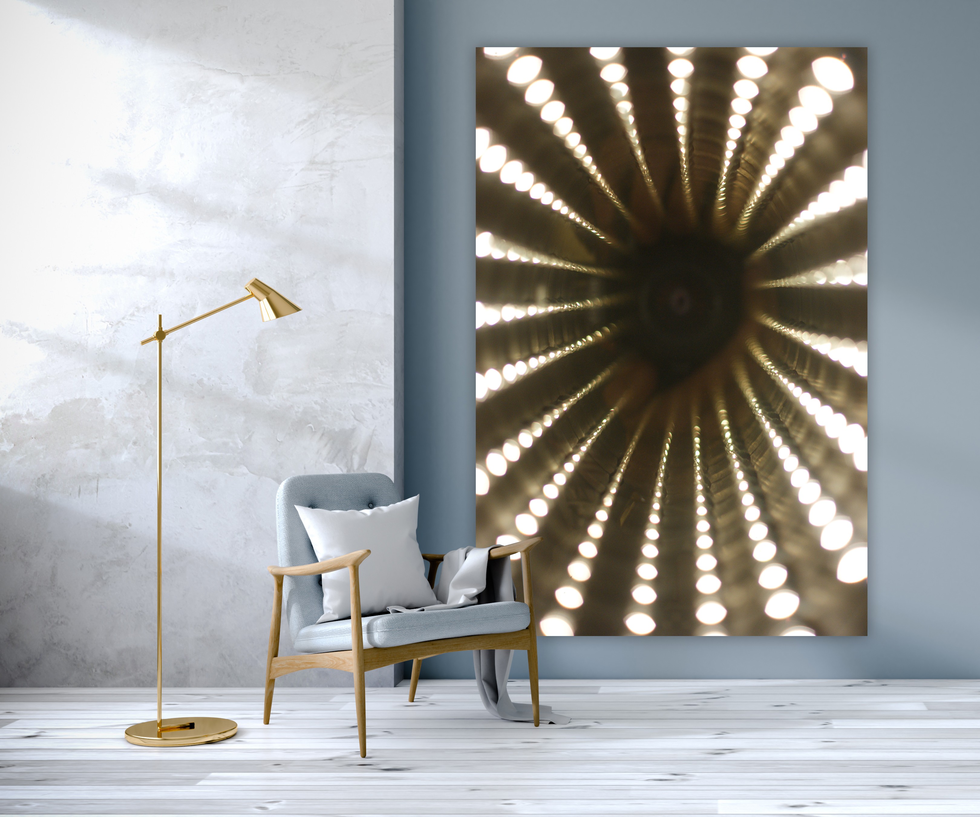 De dynamische vormen in industriele omgeving door Dick Carlier op textieldoek.