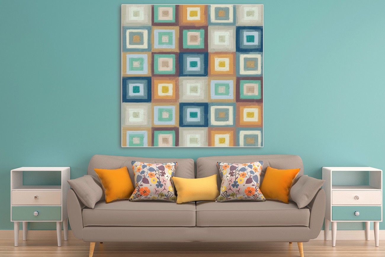 Prachtig schilderij met verschillende vierkantjes van Taylor Greene met als titel Magic Square I op textieldoek.