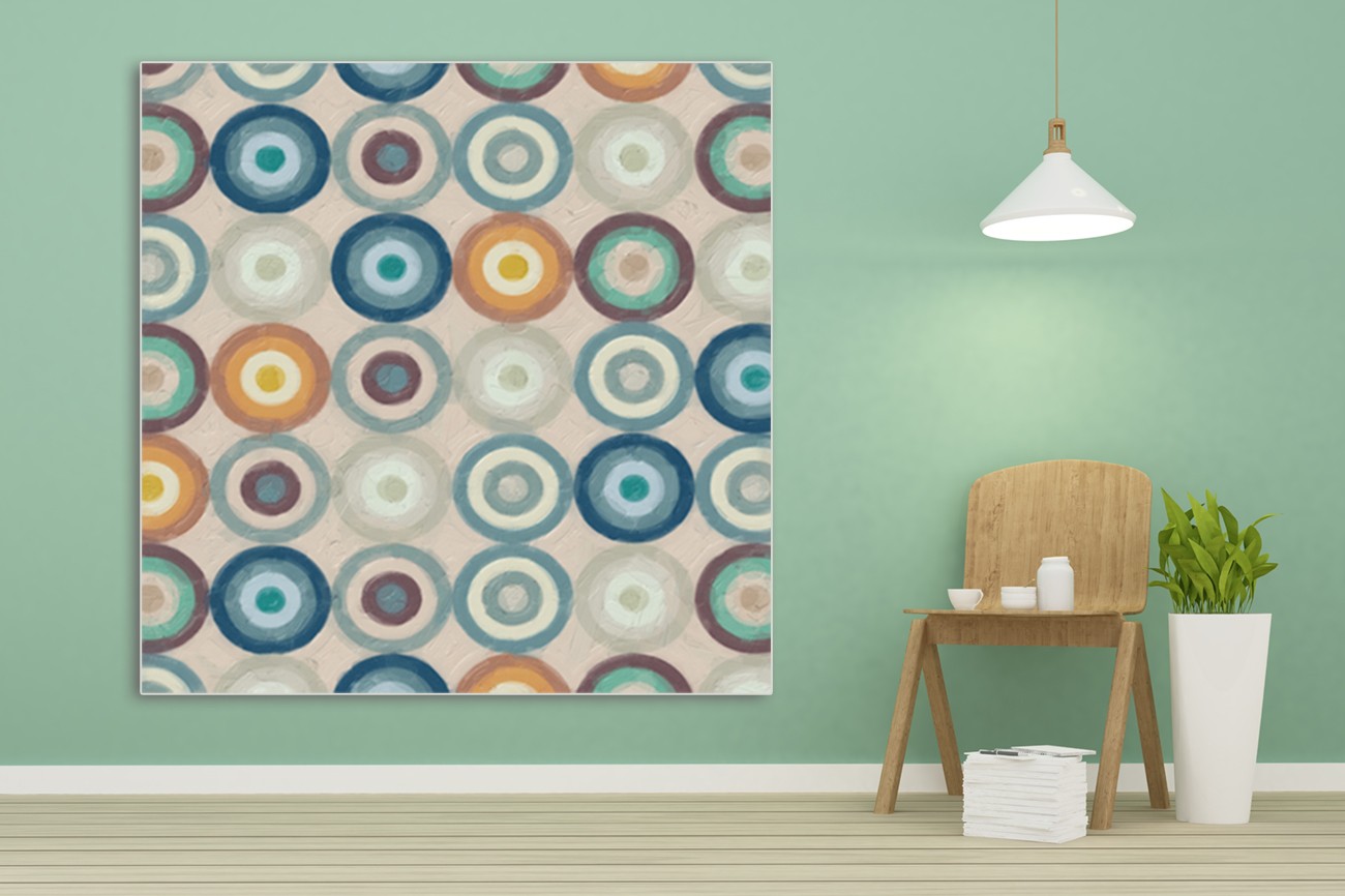 Schilderij met verschillende kleuren cirkels van Taylor Greene met als titel Magic circles II op textieldoek.