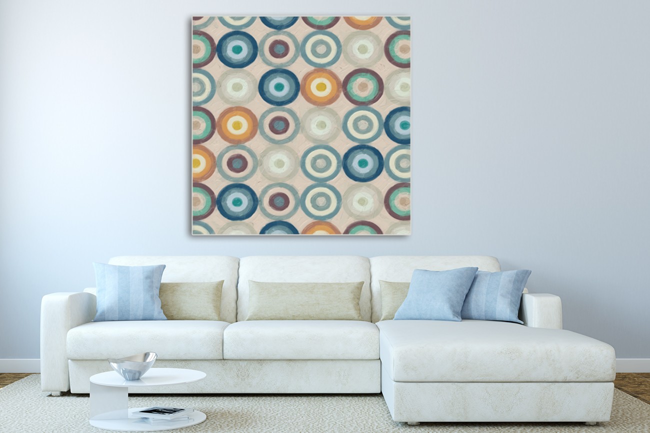 Schilderij met verschillende kleuren cirkels van Taylor Greene met als titel Magic circles II op textieldoek.