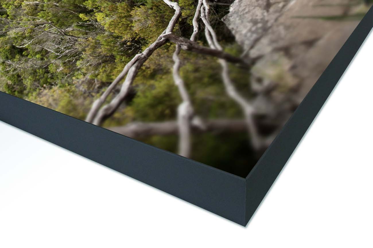 Close up textieldoek gemonteerd in frame zwart