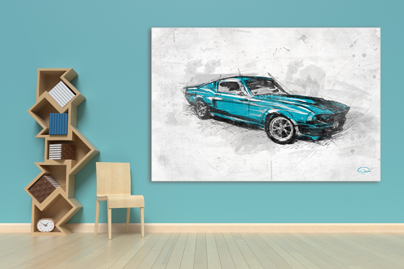 Schilderij met blauwe oude auto van Onrei met als titel Muscle car II op textieldoek. 