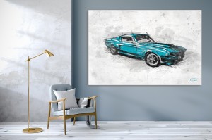Schilderij met blauwe oude auto van Onrei met als titel Muscle car II op textieldoek.