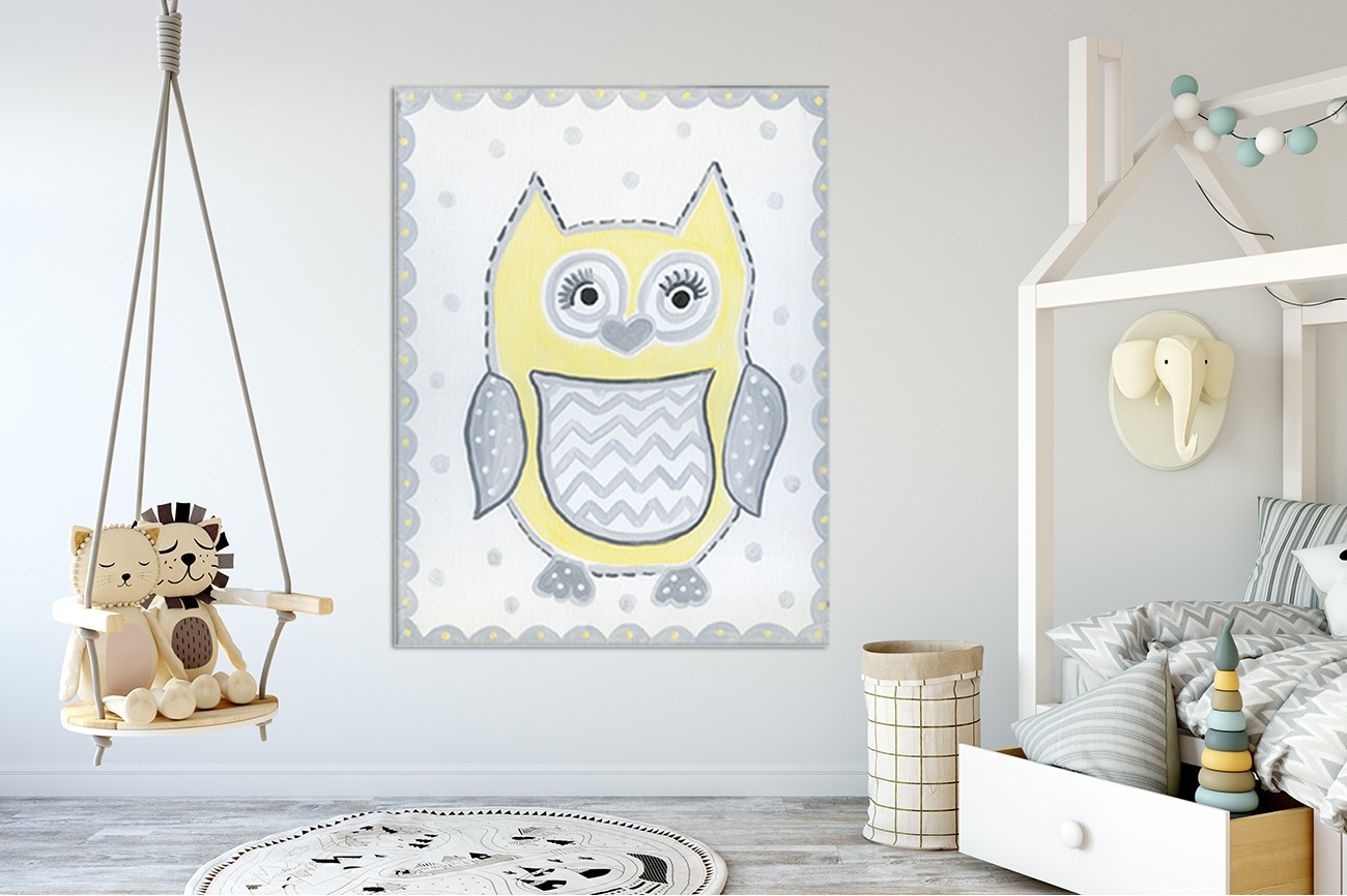 ​Schattige uil die leuk is voor op bijvoorbeeld op een kinderkamer kan van Tammy Hasset met als titel Owl yellow op textieldoek.