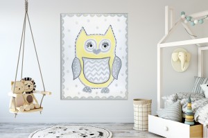 Schattige uil die leuk is voor op bijvoorbeeld op een kinderkamer kan van Tammy Hasset met als titel Owl yellow op textieldoek.