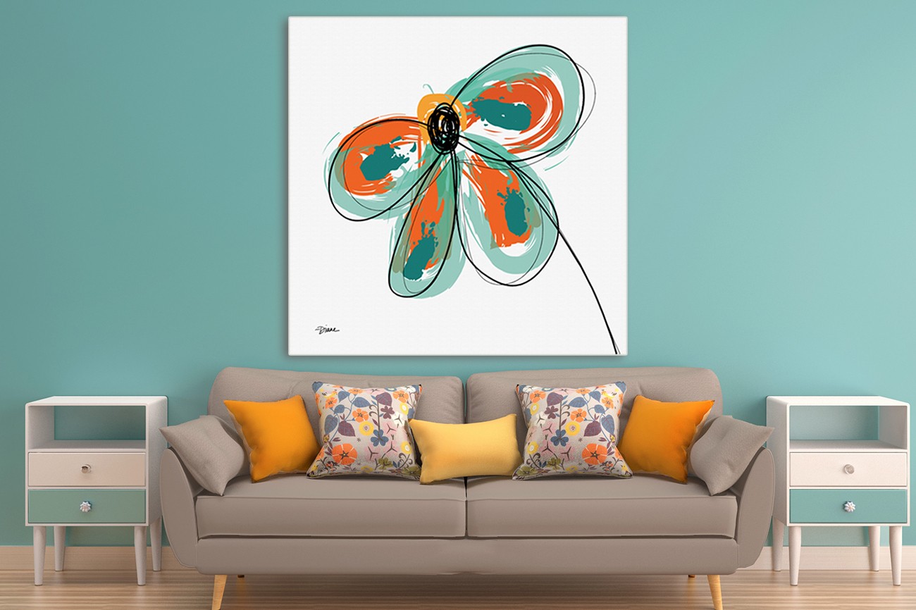 Prachtige geschilderde bloem van Diane Stimson met als titel Gerber funk II op textieldoek.