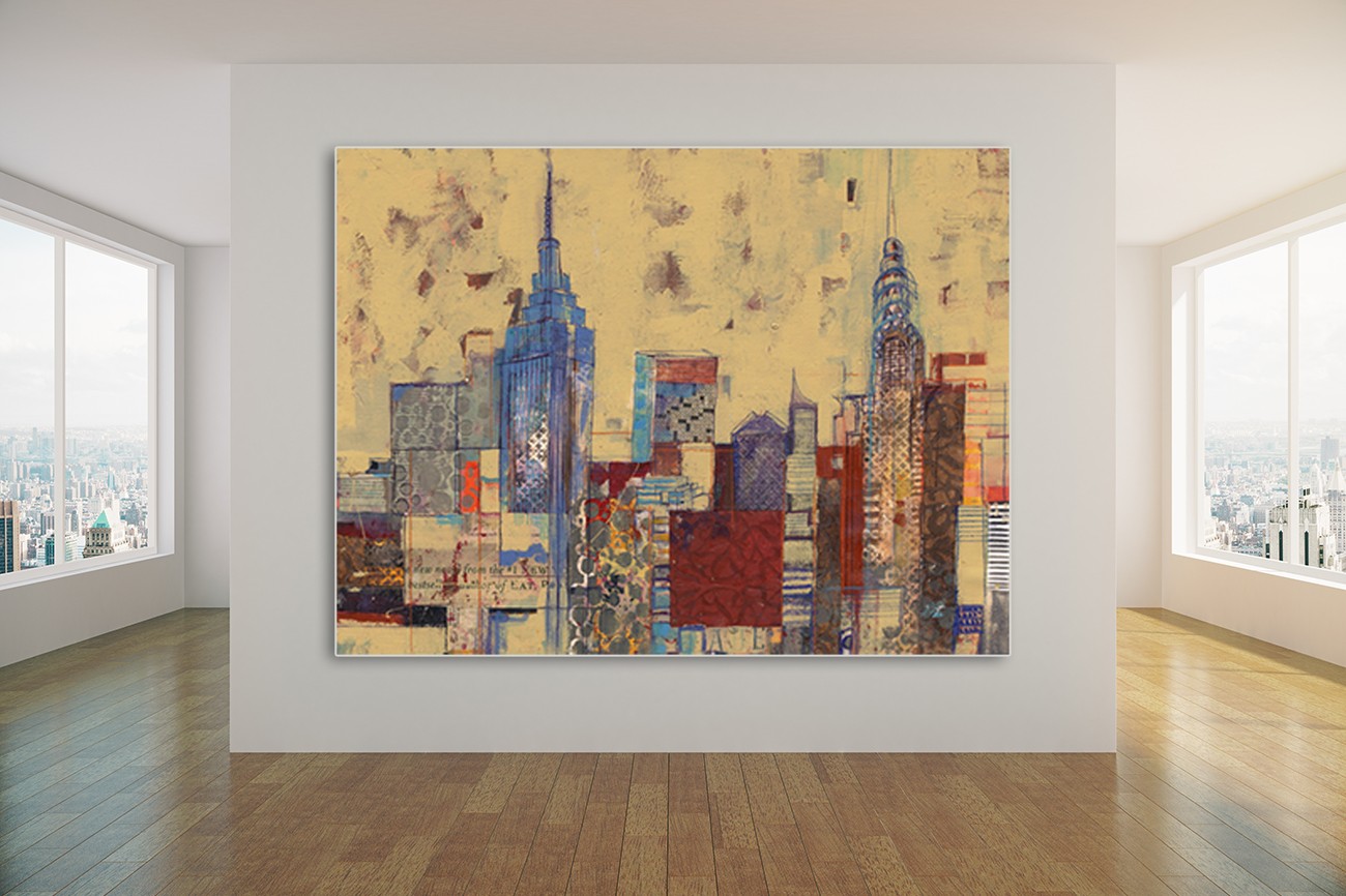 Mooi plaatje geschilderd van de gebouwen van New york van Smith Haynes met als titel Empire state building II op textieldoek.