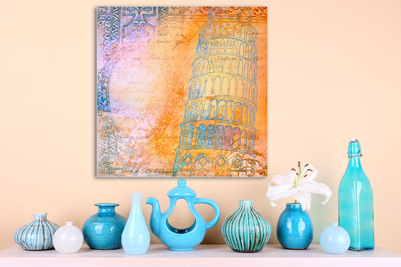Schilderij van de scheven toren in pisa in italië van Cynthia Alvarez met als titel Romantic pisa op textieldoek.