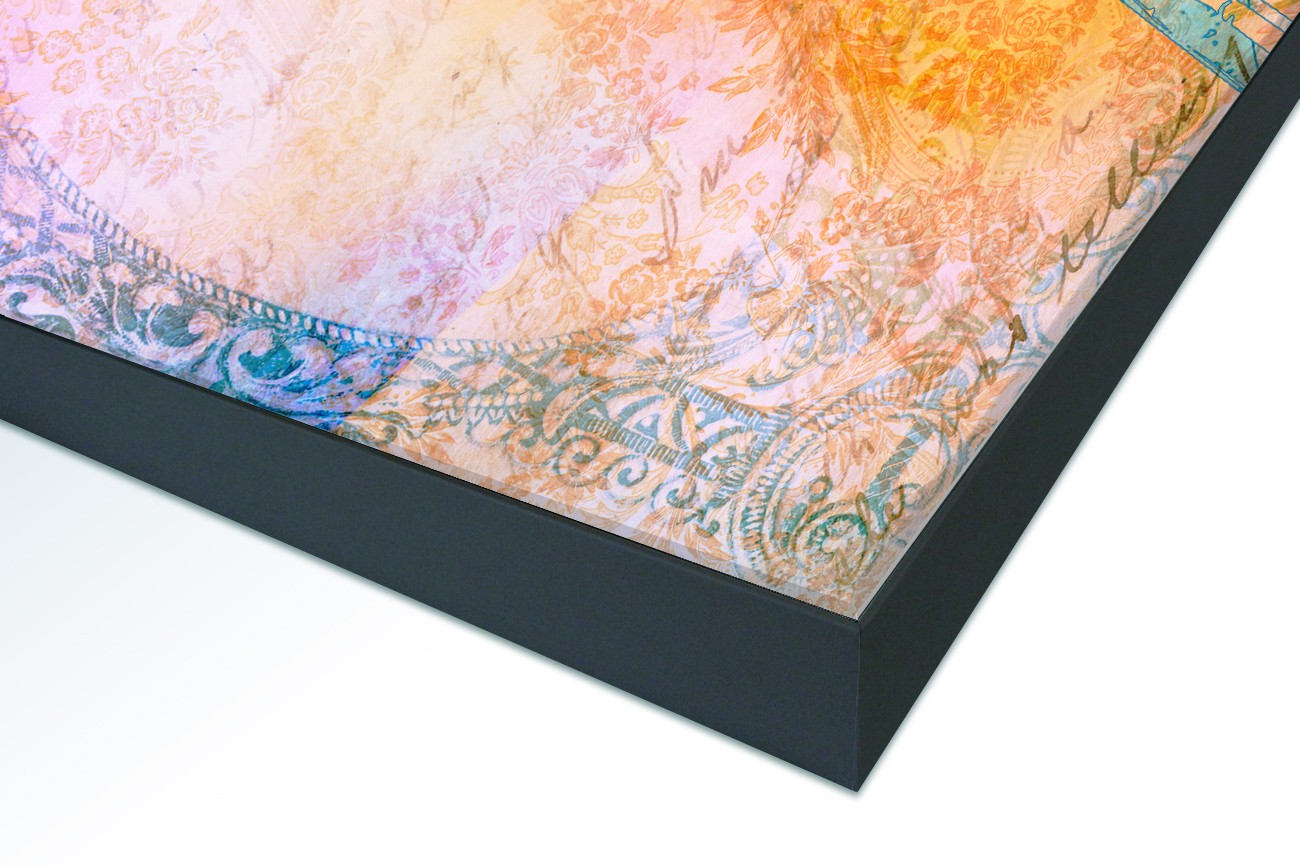 Close up textieldoek in frame gemonteerd zwart