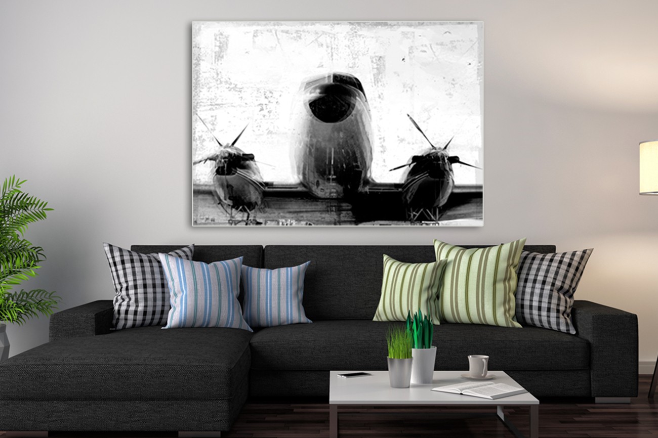 Vliegtuig in zwart wit van Cynthia Alvarez met als titel Flight 89 op textieldoek.