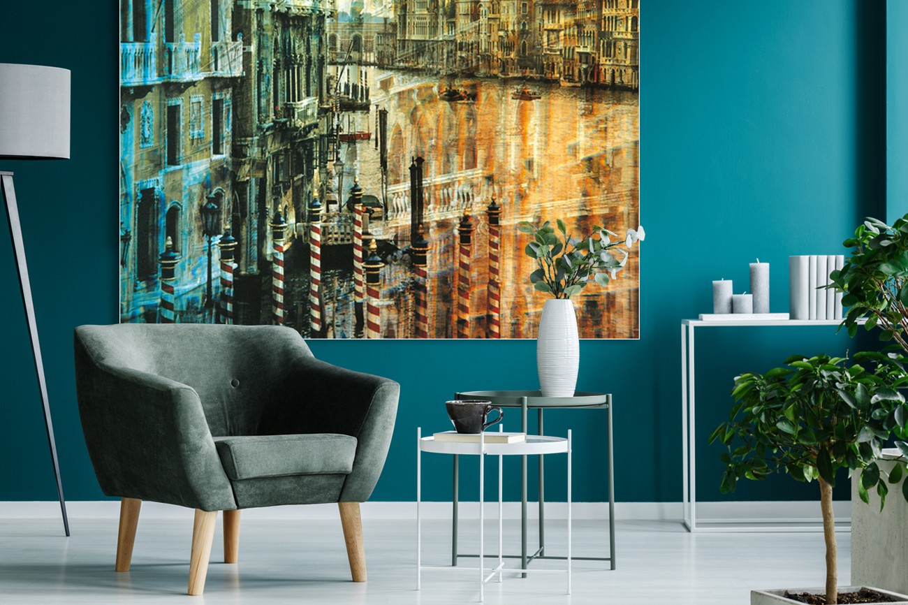 Wazig beeld van Venetië in verschillende kleuren van Gerd Weissing met als titel Venice I op textieldoek.