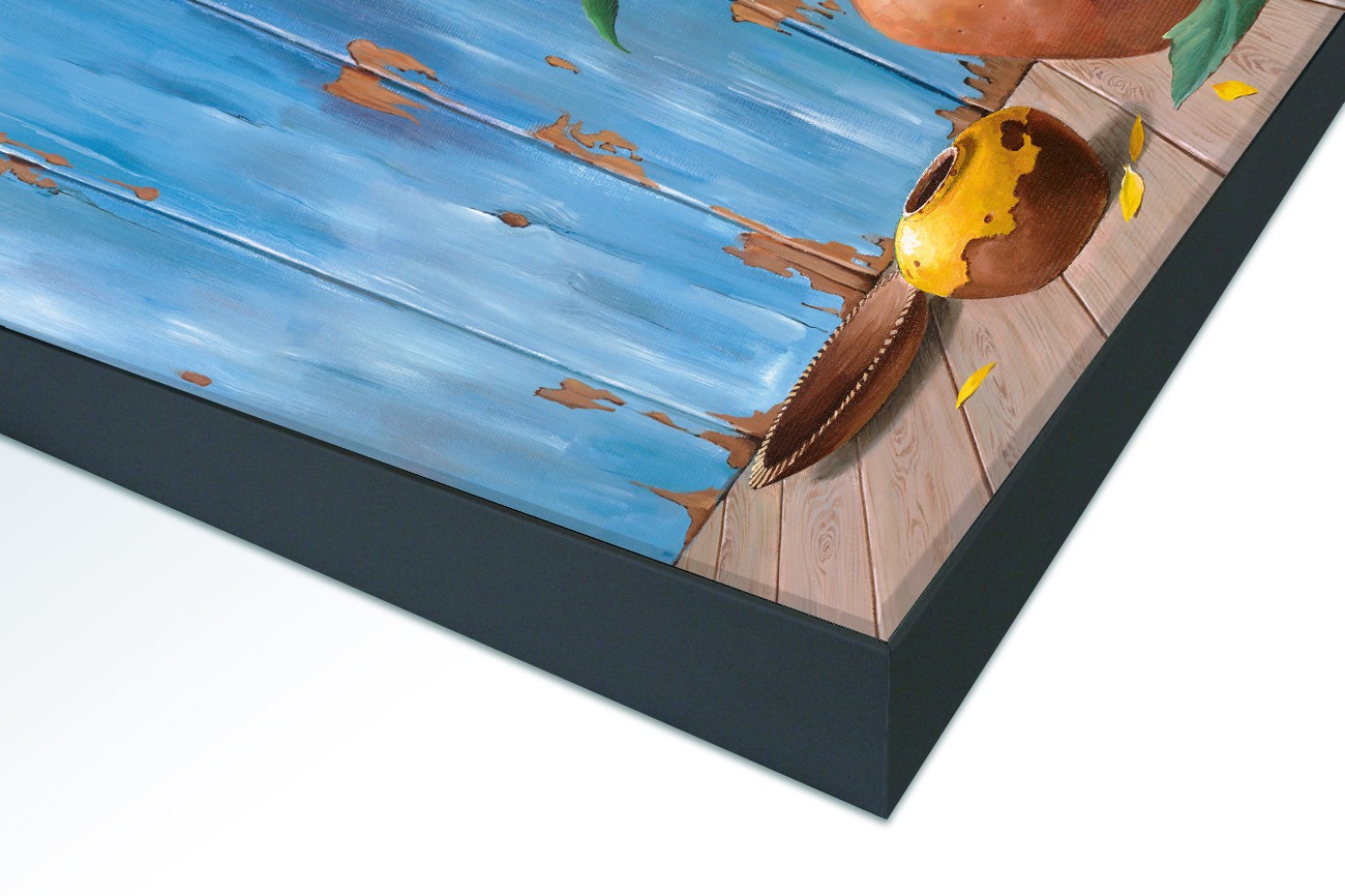 Close up textieldoek in frame gemonteerd zwart