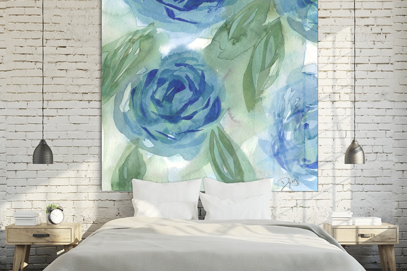 ​Schilderij met de kleuren blauw, groen en wit van geweldige bloemen van Beverly Dyer met als titel Bleu green roses I. 