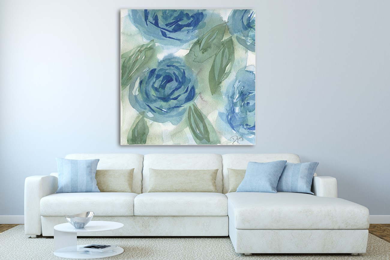 Schilderij met de kleuren blauw, groen en wit van geweldige bloemen van Beverly Dyer met als titel Bleu green roses I.