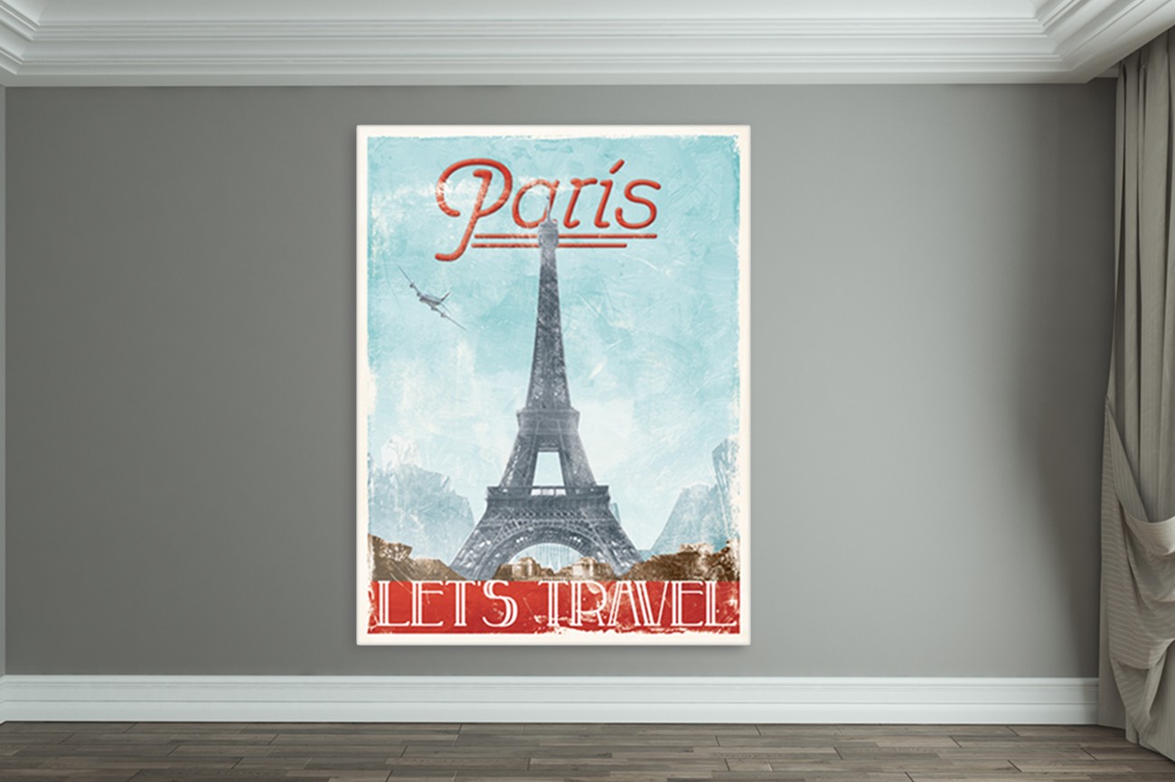 Schilderij van de eiffeltoren uit parijs van Jace Grey met als titel Lets travel to Paris op textieldoek. 