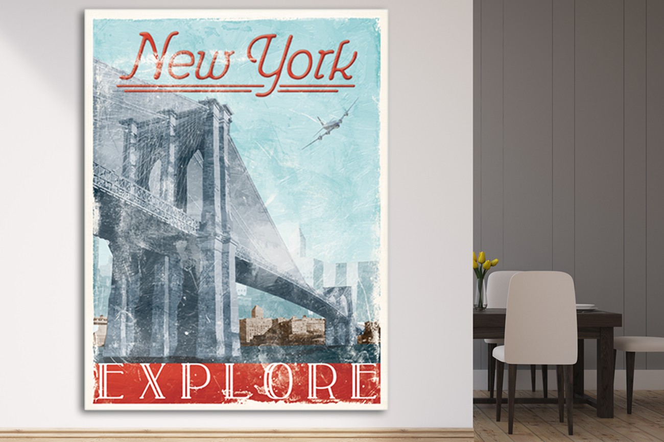 ​Schilderij van de Brooklyn Bridge in New York van Jace Grey met als titel Lets travel to New York op textieldoek. 