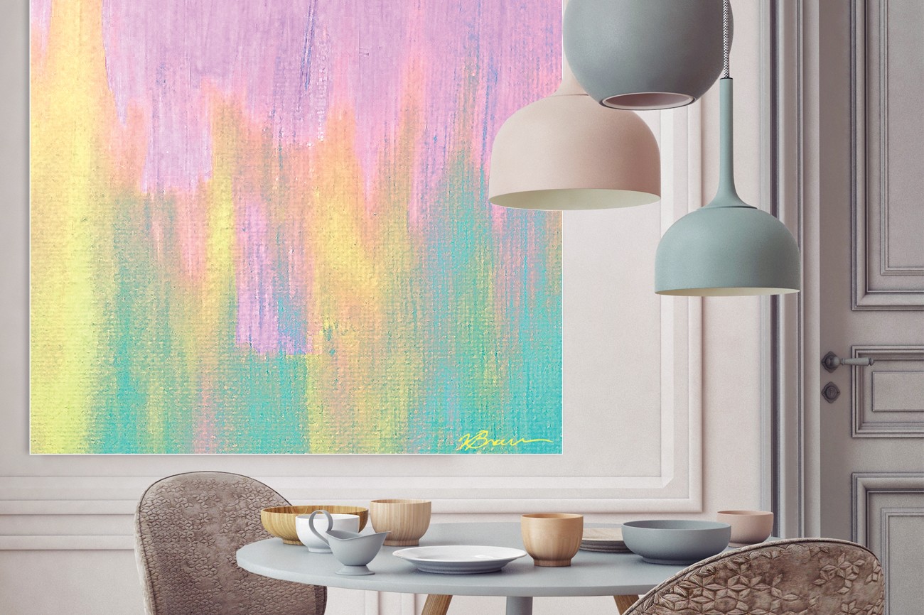 Schilderij met overlopende kleuren roze, geel en groen van Victoria Brown met als titel Cotton candy IV op textieldoek.