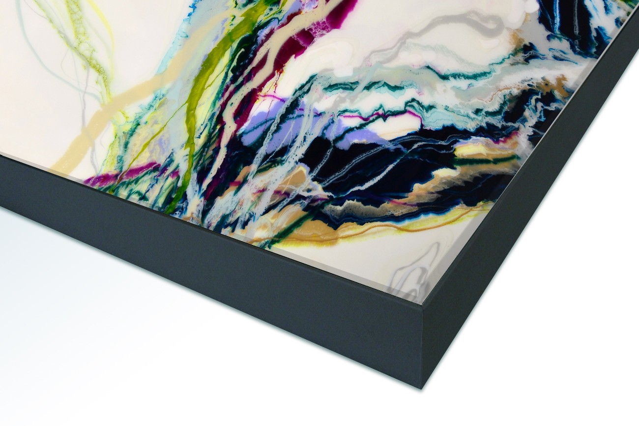 Close up textieldoek in frame gemonteerd zwart