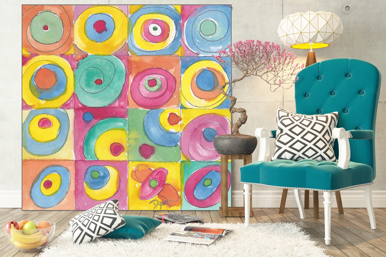 Super schilderij met mooie velle kleuren van Beverly Dyer met als titel To group I op textieldoek.