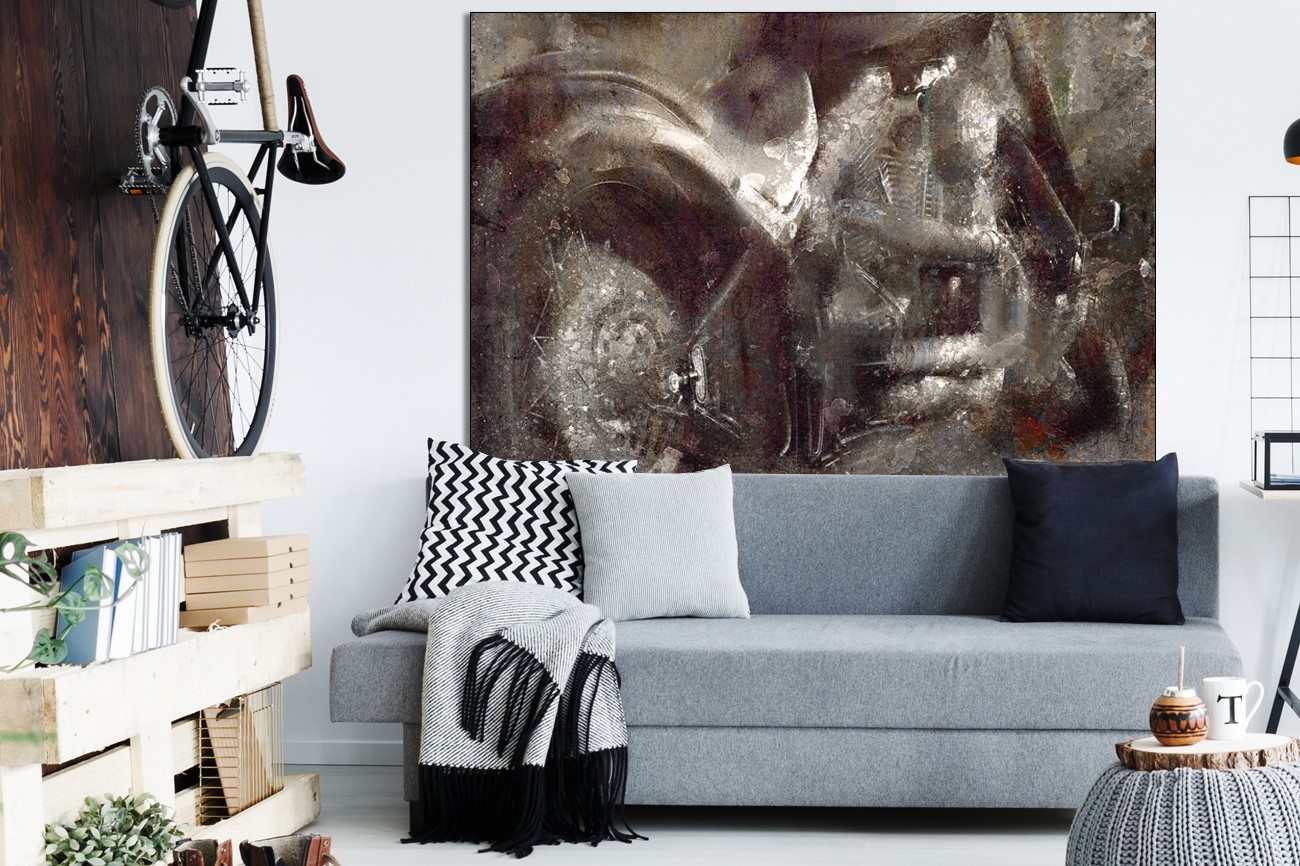 Vervaagde motor in zwart wit van Kimberly Allen met als titel Grungy ride op textieldoek.