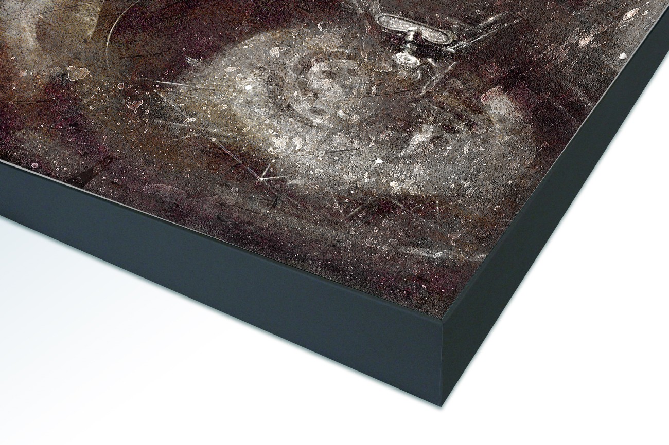 Close up textieldoek in frame gemonteerd zwart