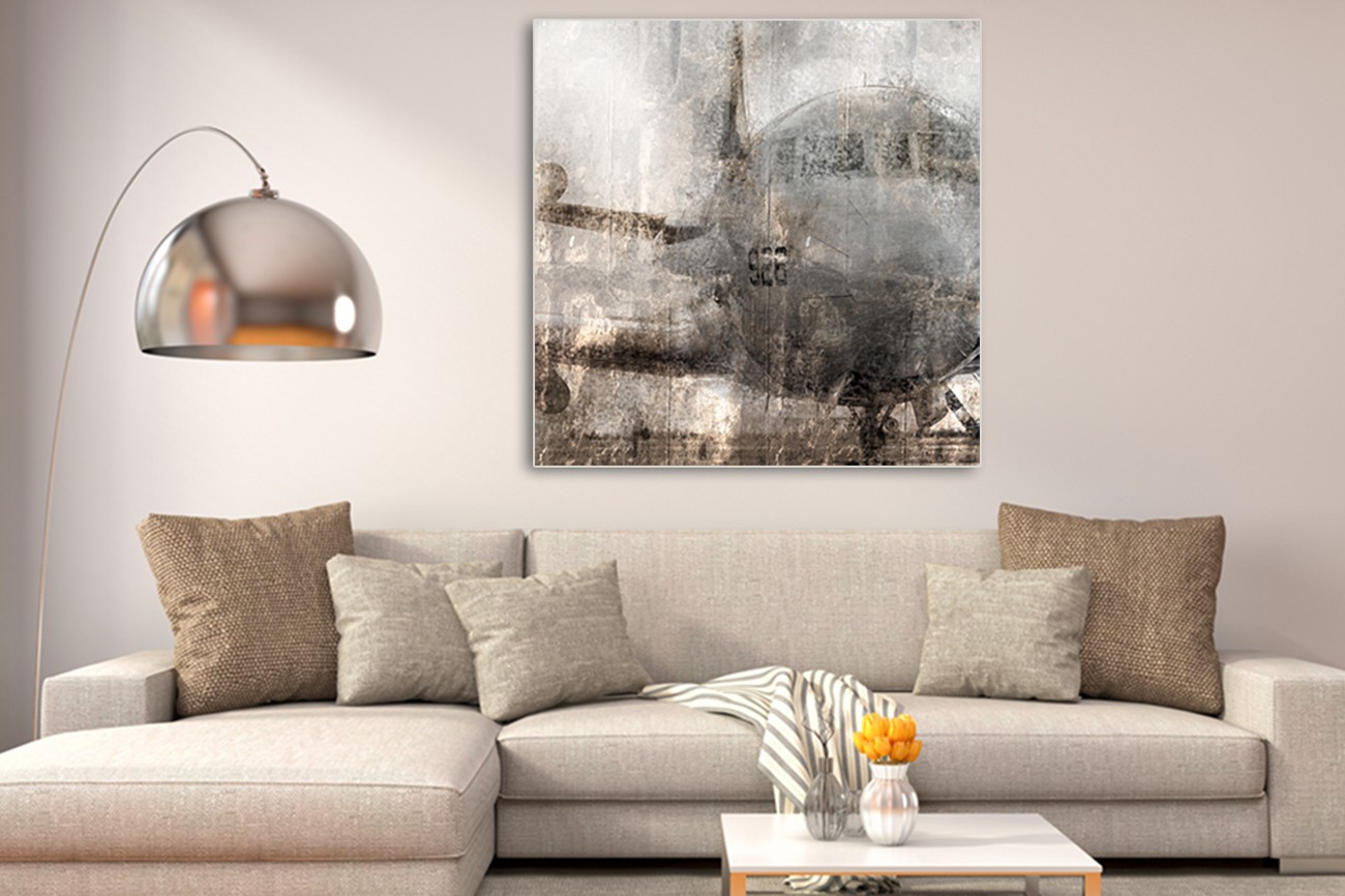 Vervaagd vliegtuin in in het grijs met zwart, wit van Kimberly Allen met als titel Aircraft op textieldoek