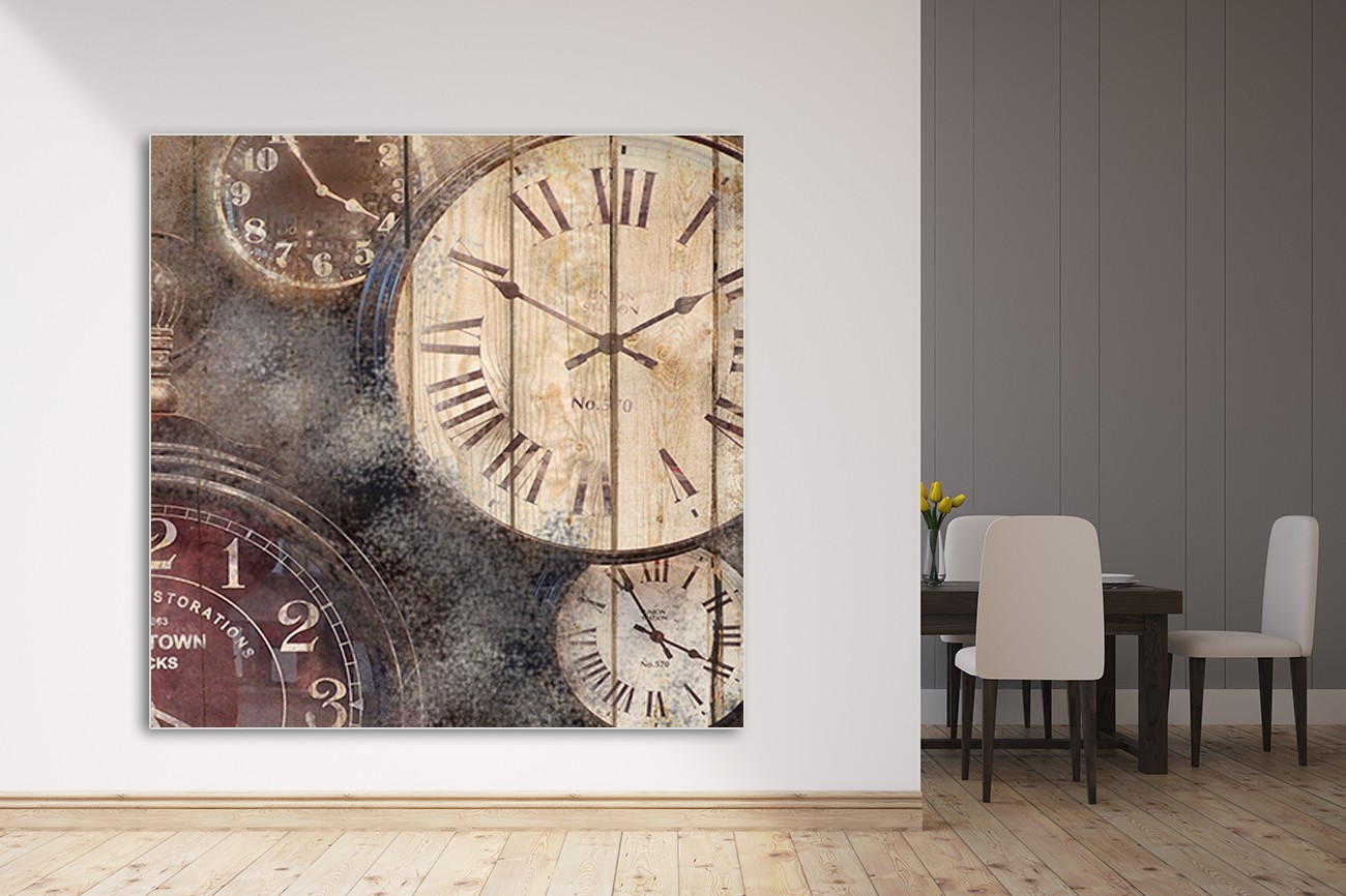 ​Schilderij met verschillende kleuren klokken van Kimberly Allen met als titel In time II op textieldoek.