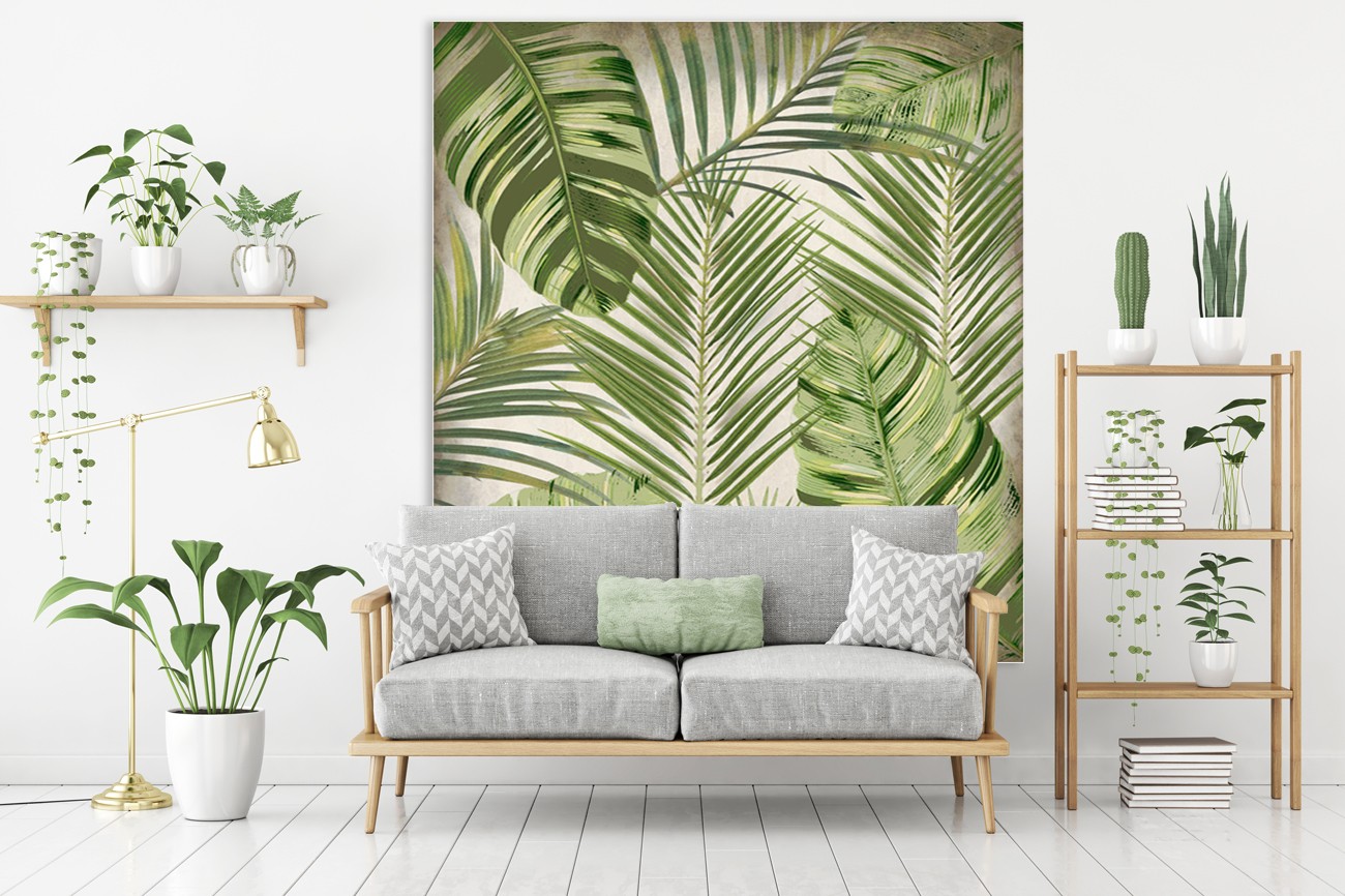 Schitterende palmboombladeren bij elkaar met een witte achtergrond.van Kimberly Allen met als titel Tropical palm 1 op textieldoek.