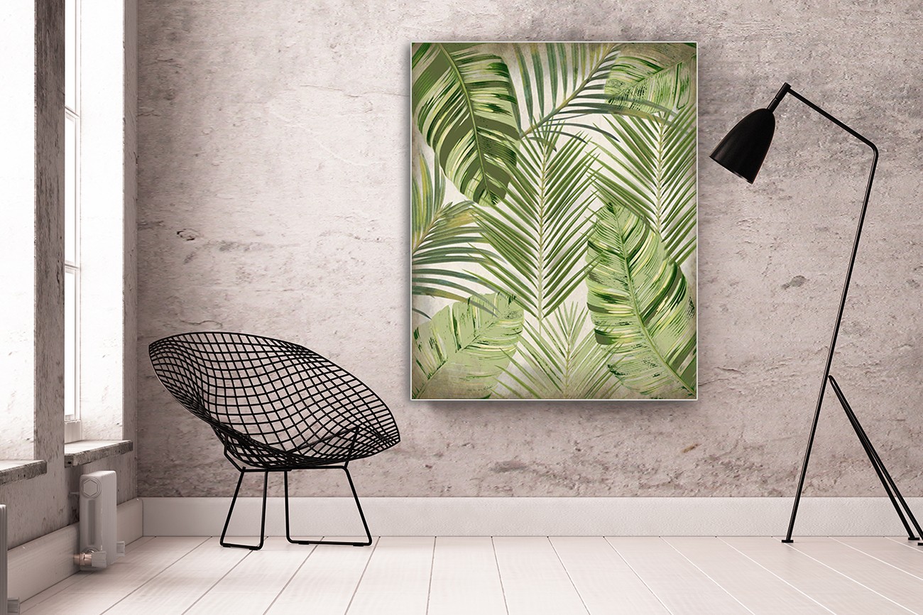​Schitterende palmboombladeren bij elkaar met een witte achtergrond.van Kimberly Allen met als titel Tropical palm 1 op textieldoek.